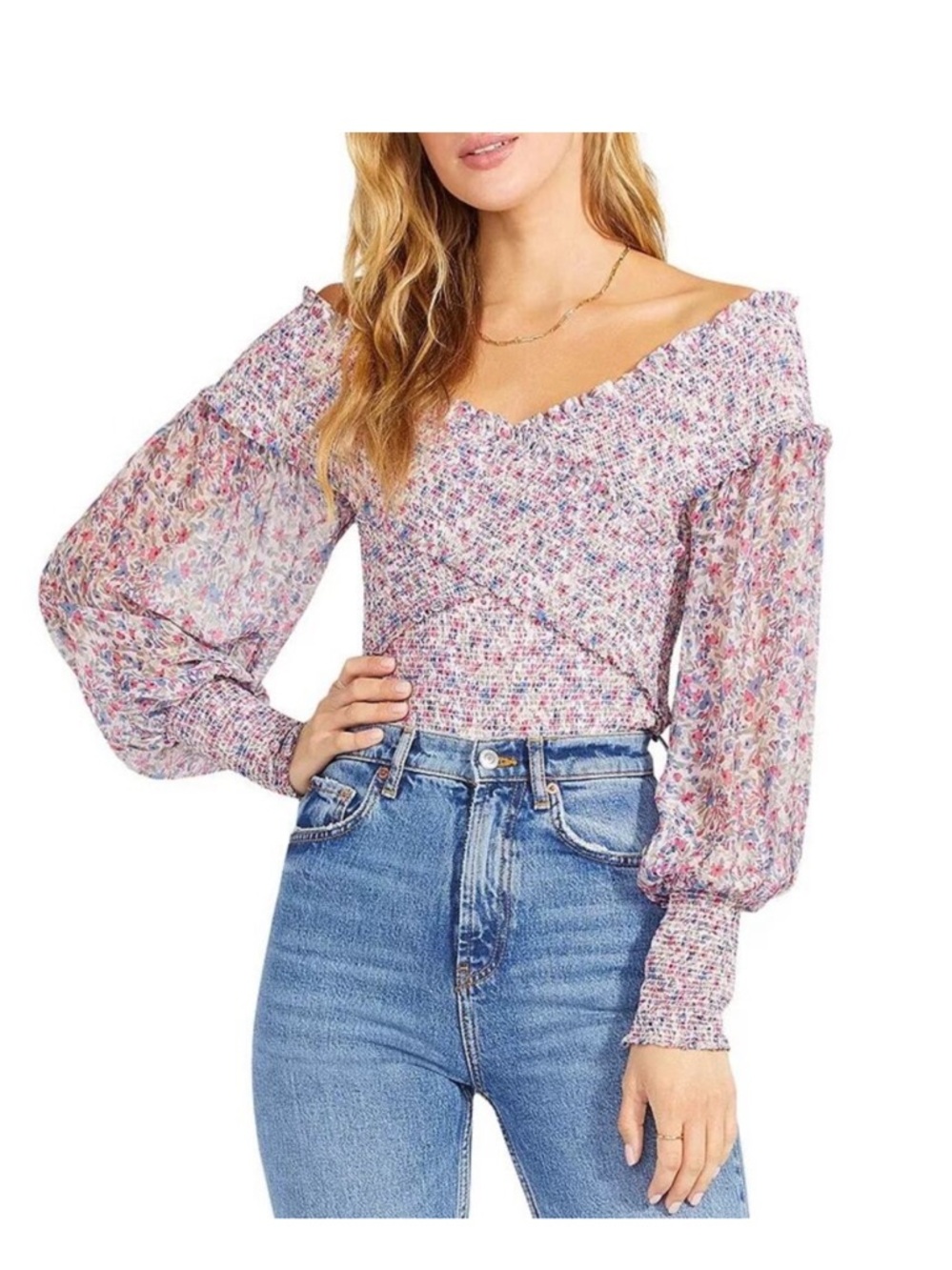 BB Dakota Pink Multi-Color Floral Smocked Off-Shoulder Blouse